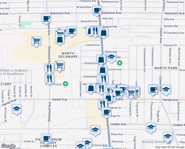 map of restaurants, bars, coffee shops, grocery stores, and more near 71 Cheltenham Drive in Buffalo