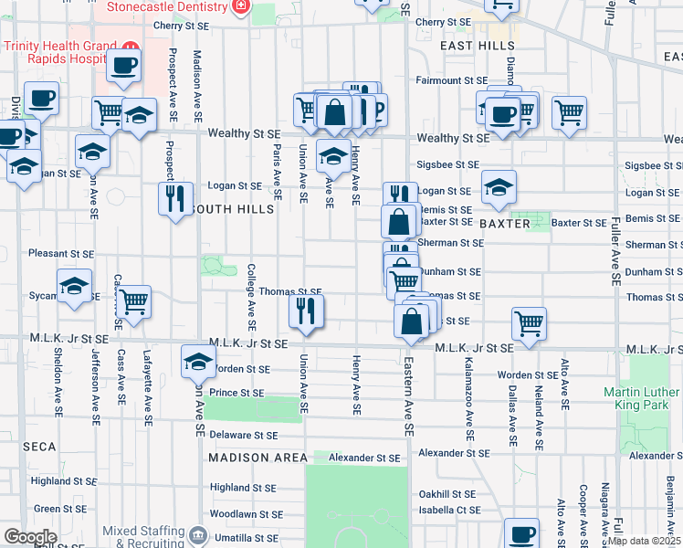 map of restaurants, bars, coffee shops, grocery stores, and more near 630 Pleasant Street Southeast in Grand Rapids