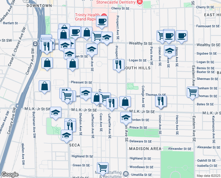 map of restaurants, bars, coffee shops, grocery stores, and more near 619 Lafayette Avenue Southeast in Grand Rapids