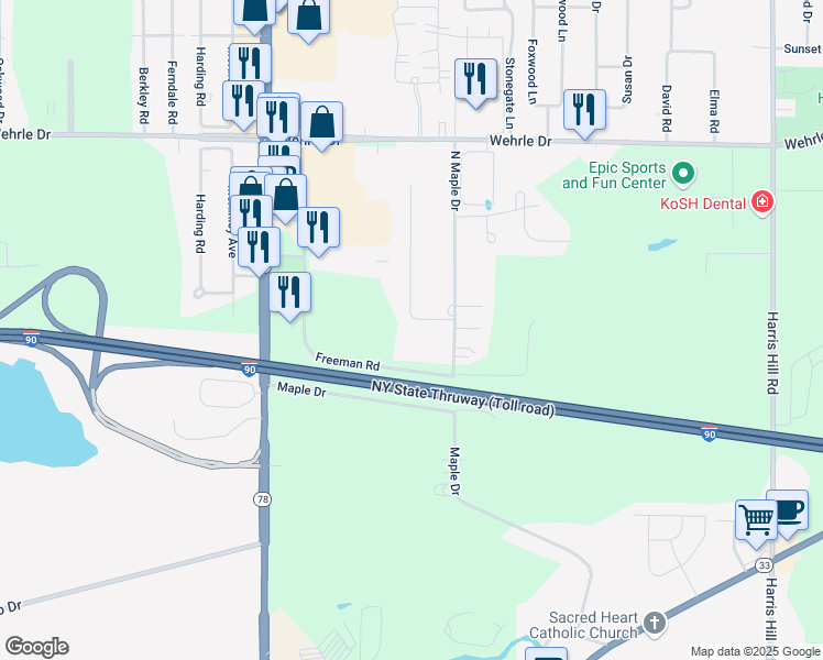 map of restaurants, bars, coffee shops, grocery stores, and more near 10 Wainwright Court in Buffalo