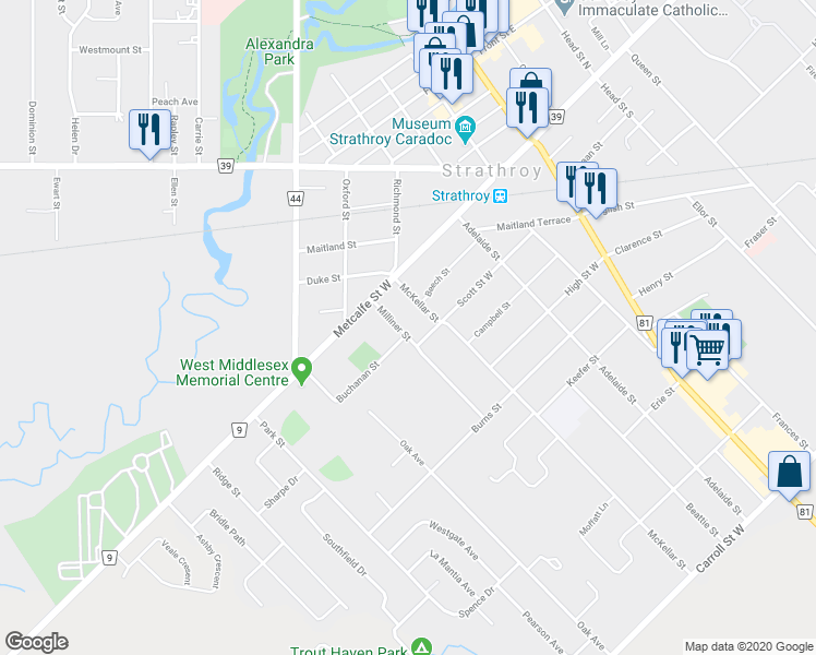 map of restaurants, bars, coffee shops, grocery stores, and more near 45 Milliner Street in Strathroy