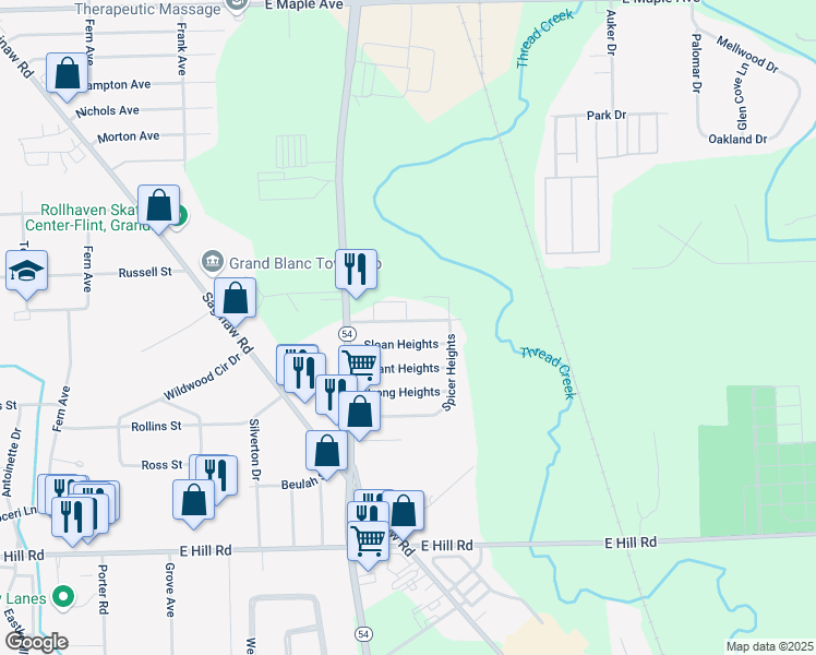 map of restaurants, bars, coffee shops, grocery stores, and more near 3064 Kettering Heights in Flint