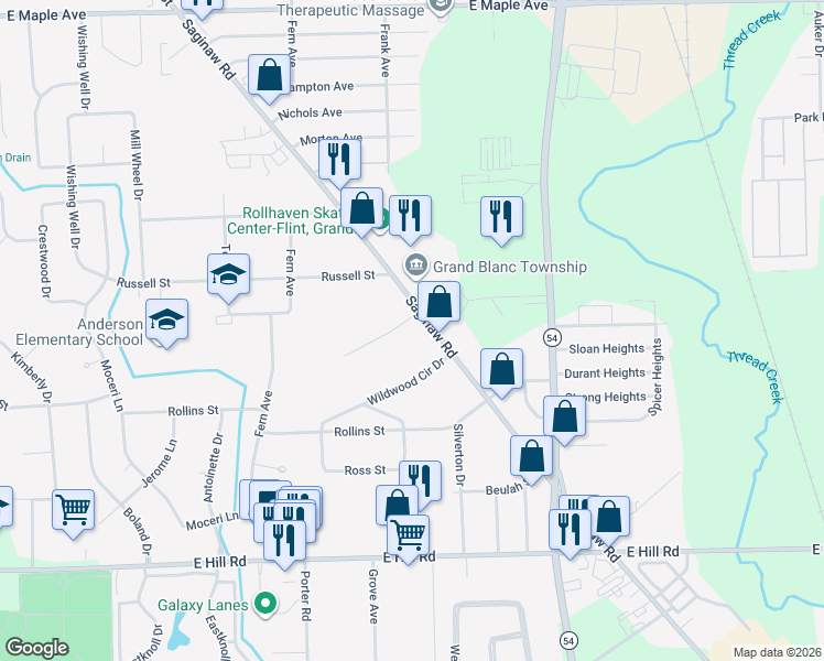 map of restaurants, bars, coffee shops, grocery stores, and more near 5418 Saginaw Road in Flint