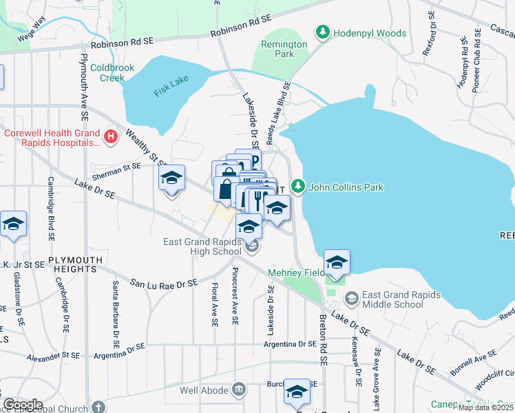 map of restaurants, bars, coffee shops, grocery stores, and more near 2213 Wealthy Street Southeast in Grand Rapids