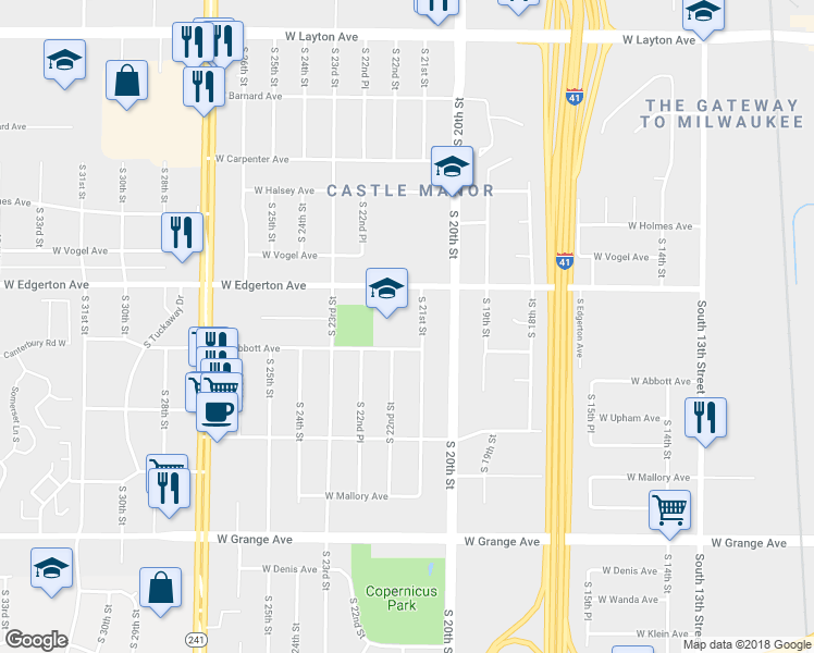 map of restaurants, bars, coffee shops, grocery stores, and more near 5143 South 21st Street in Milwaukee