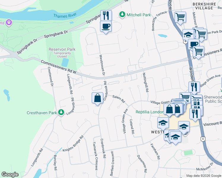map of restaurants, bars, coffee shops, grocery stores, and more near 530 Cranbrook Road in London