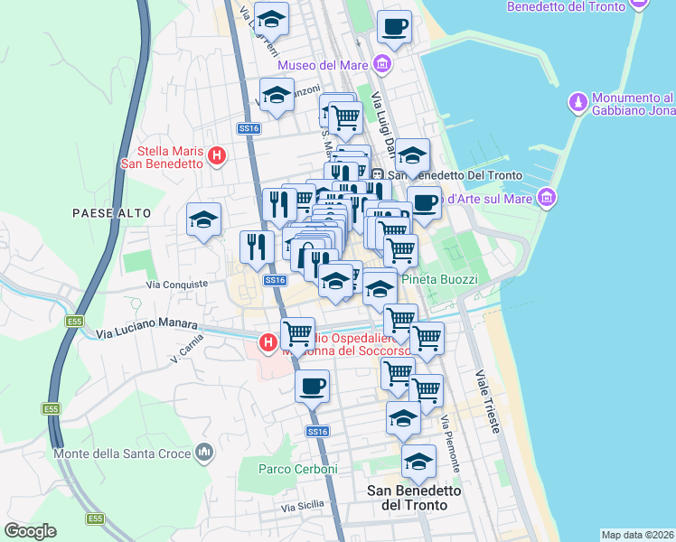 map of restaurants, bars, coffee shops, grocery stores, and more near 85 Via XX Settembre in San Benedetto del Tronto