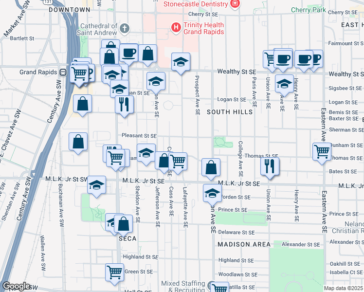 map of restaurants, bars, coffee shops, grocery stores, and more near 619 Lafayette Avenue Southeast in Grand Rapids