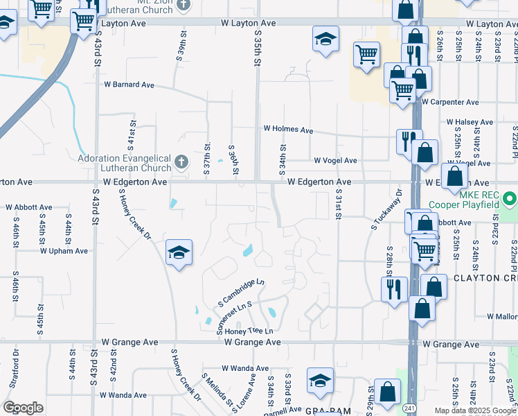 map of restaurants, bars, coffee shops, grocery stores, and more near 5170 West Abbott Avenue in Greenfield