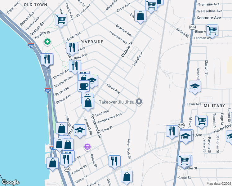 map of restaurants, bars, coffee shops, grocery stores, and more near 55 Albert Avenue in Buffalo