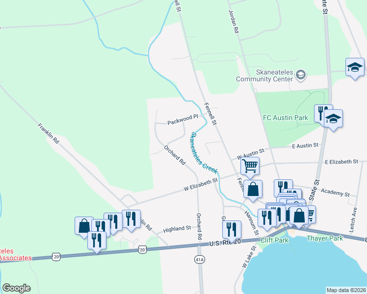 map of restaurants, bars, coffee shops, grocery stores, and more near 114 Orchard Road in Skaneateles