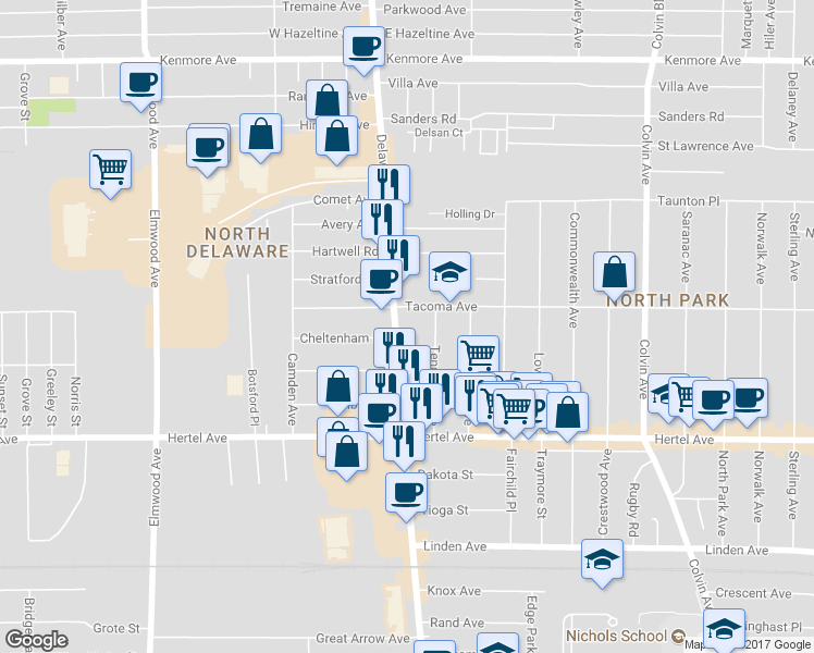 map of restaurants, bars, coffee shops, grocery stores, and more near 2455 Delaware Ave in Buffalo