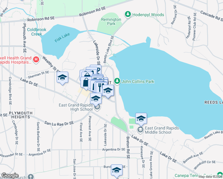 map of restaurants, bars, coffee shops, grocery stores, and more near 2311 Wealthy Street Southeast in Grand Rapids