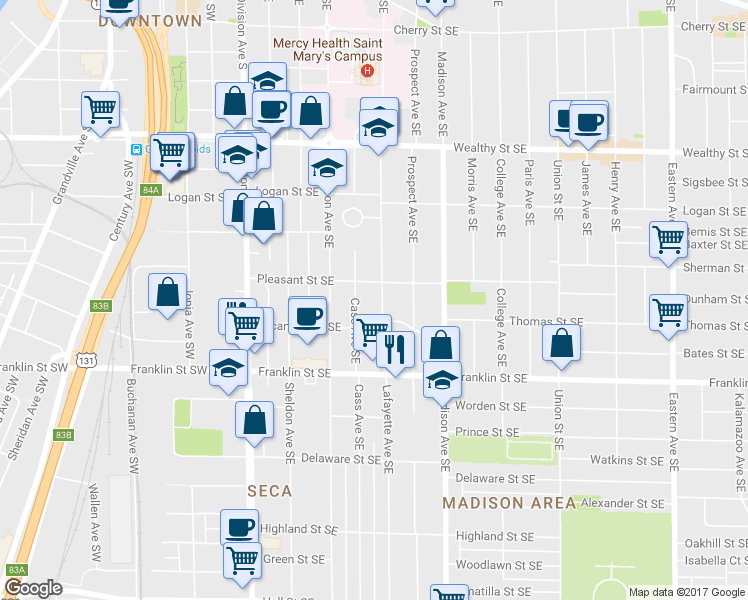 map of restaurants, bars, coffee shops, grocery stores, and more near 617 Lafayette Avenue Southeast in Grand Rapids