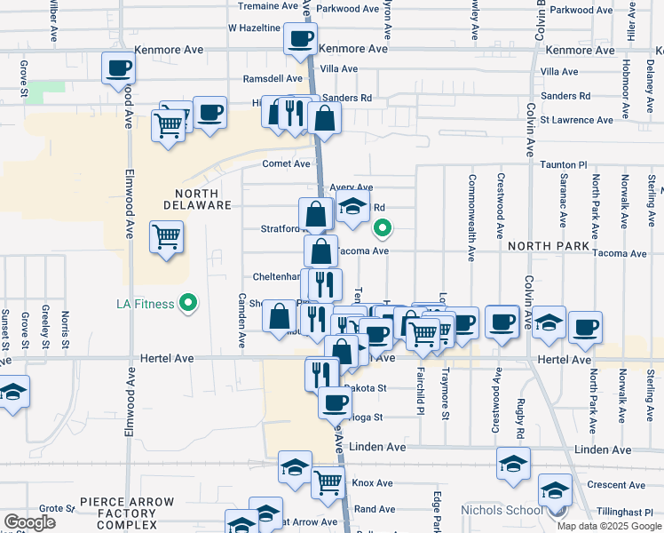 map of restaurants, bars, coffee shops, grocery stores, and more near 2455 Delaware Avenue in Buffalo