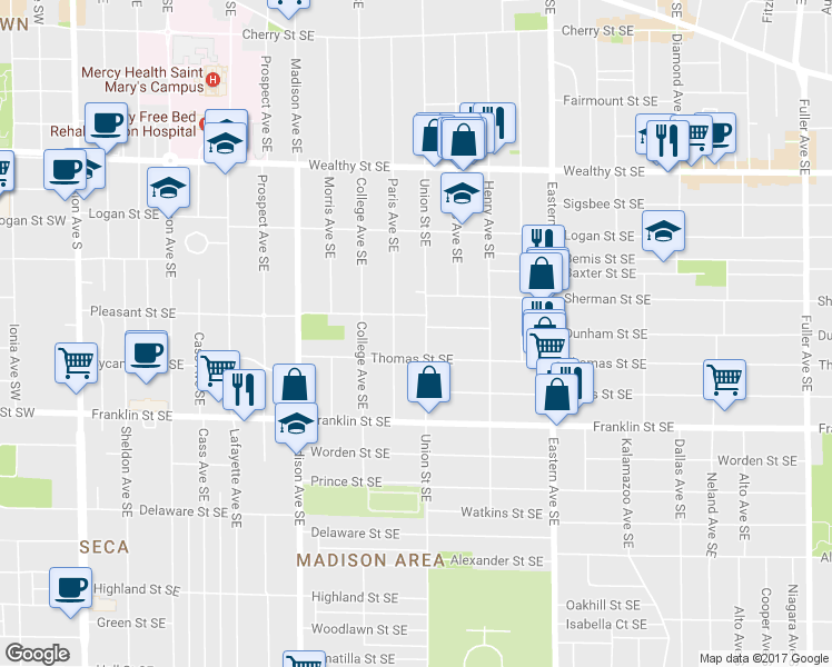 map of restaurants, bars, coffee shops, grocery stores, and more near 639 Union Avenue Southeast in Grand Rapids