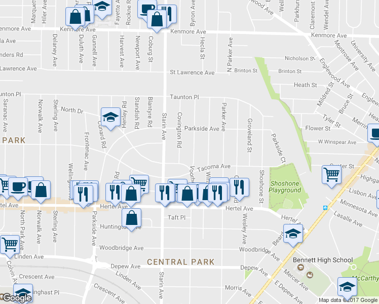 map of restaurants, bars, coffee shops, grocery stores, and more near 372 Voorhees Avenue in Buffalo