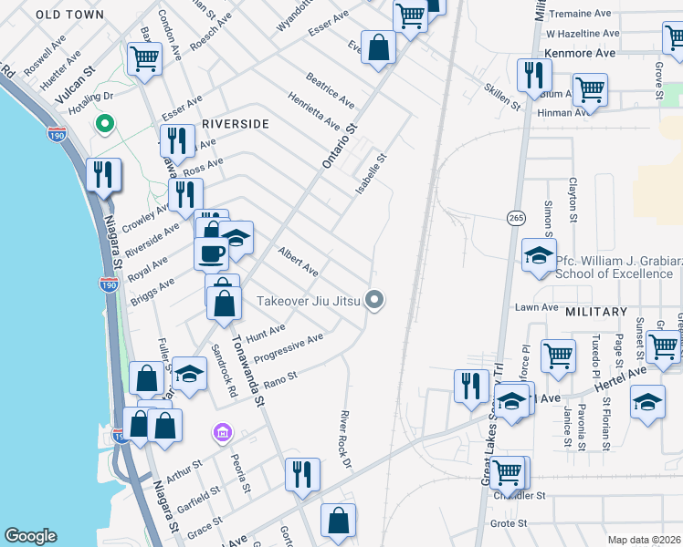 map of restaurants, bars, coffee shops, grocery stores, and more near 331 Riverside Avenue in Buffalo