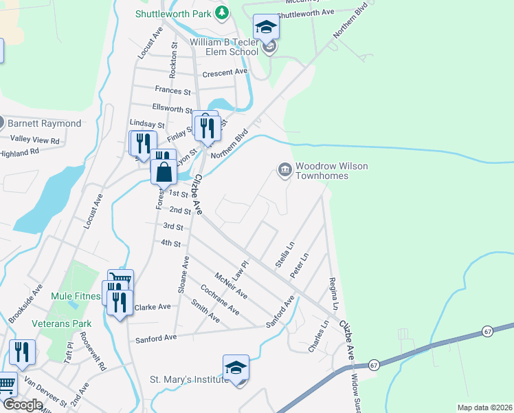 map of restaurants, bars, coffee shops, grocery stores, and more near 23 Woodrow Road in Amsterdam