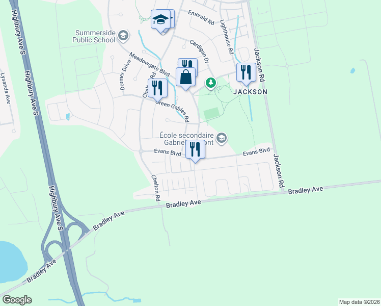 map of restaurants, bars, coffee shops, grocery stores, and more near 2369 Evans Boulevard in London