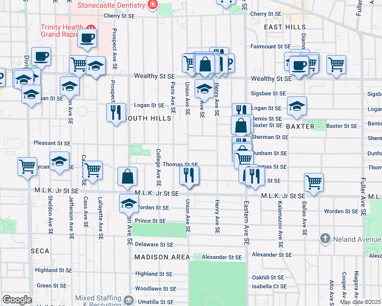 map of restaurants, bars, coffee shops, grocery stores, and more near 600 Pleasant Street Southeast in Grand Rapids