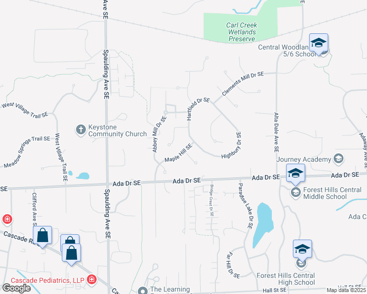 map of restaurants, bars, coffee shops, grocery stores, and more near 5455 Maple Hill Southeast in Ada