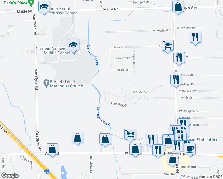 map of restaurants, bars, coffee shops, grocery stores, and more near 1065 Leisure Drive in Flint