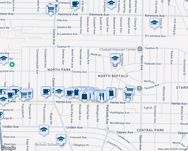 map of restaurants, bars, coffee shops, grocery stores, and more near 236 Wellington Road in Buffalo