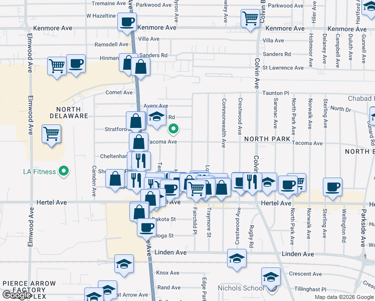 map of restaurants, bars, coffee shops, grocery stores, and more near 113 Homer Avenue in Buffalo