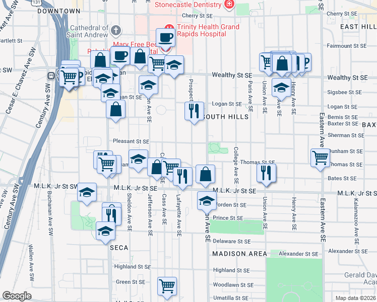 map of restaurants, bars, coffee shops, grocery stores, and more near 617 Prospect Avenue Southeast in Grand Rapids
