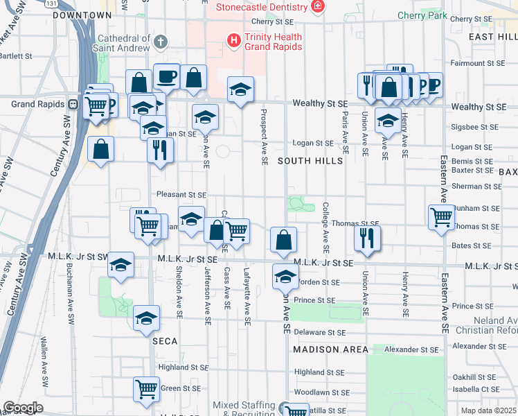 map of restaurants, bars, coffee shops, grocery stores, and more near 617 Prospect Avenue Southeast in Grand Rapids