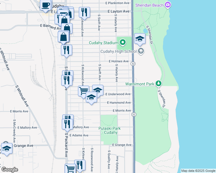map of restaurants, bars, coffee shops, grocery stores, and more near 3853 East Pulaski Avenue in Cudahy