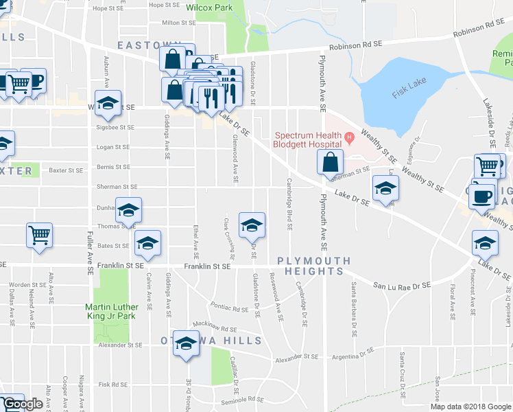 map of restaurants, bars, coffee shops, grocery stores, and more near 626 Gladstone Drive Southeast in Grand Rapids