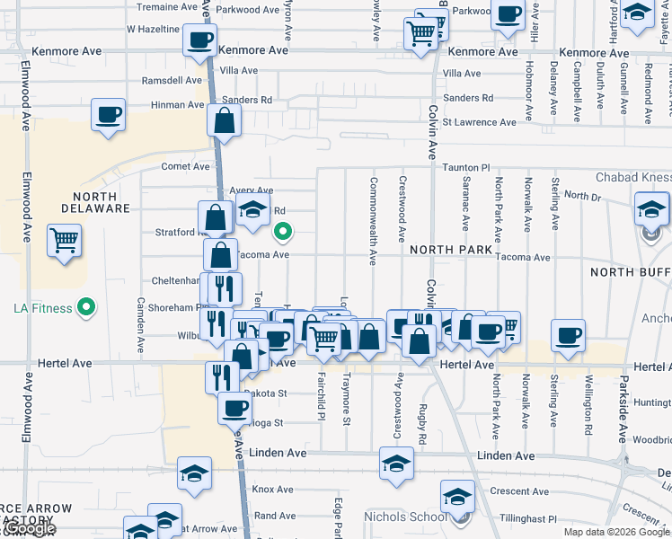 map of restaurants, bars, coffee shops, grocery stores, and more near 113 Virgil Avenue in Buffalo