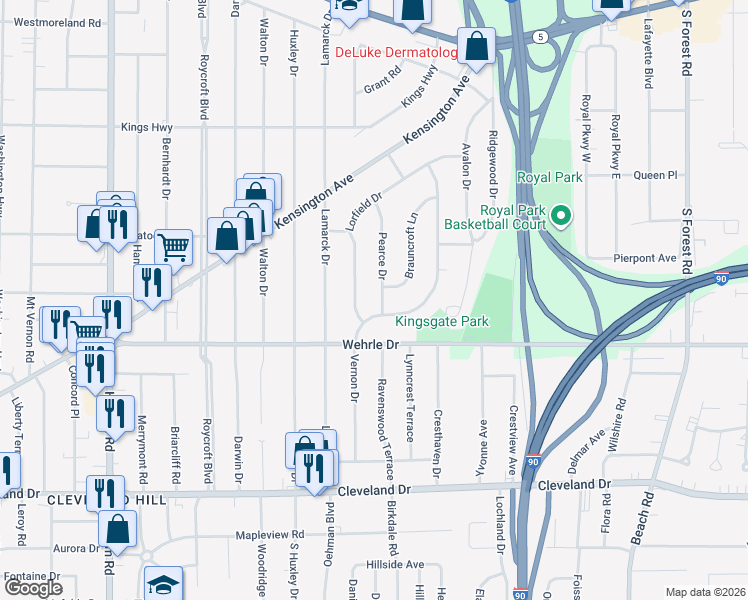 map of restaurants, bars, coffee shops, grocery stores, and more near 117 Pearce Dr in Buffalo