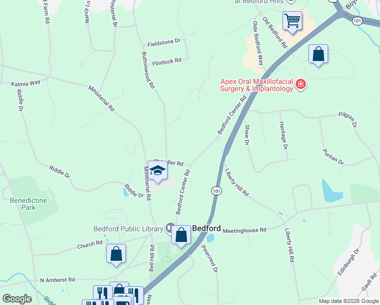map of restaurants, bars, coffee shops, grocery stores, and more near 1 Chandler Road in Bedford