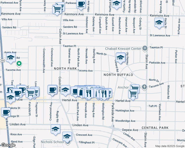 map of restaurants, bars, coffee shops, grocery stores, and more near 226 Sterling Avenue in Buffalo