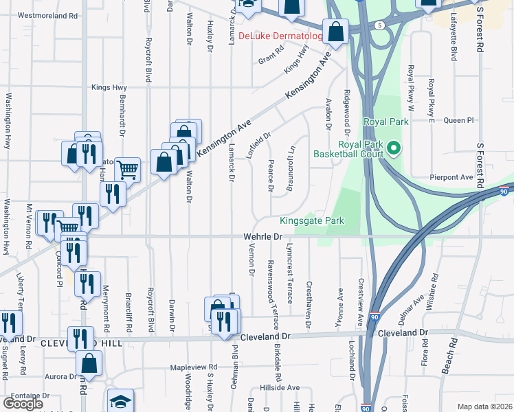 map of restaurants, bars, coffee shops, grocery stores, and more near 117 Pearce Drive in Buffalo