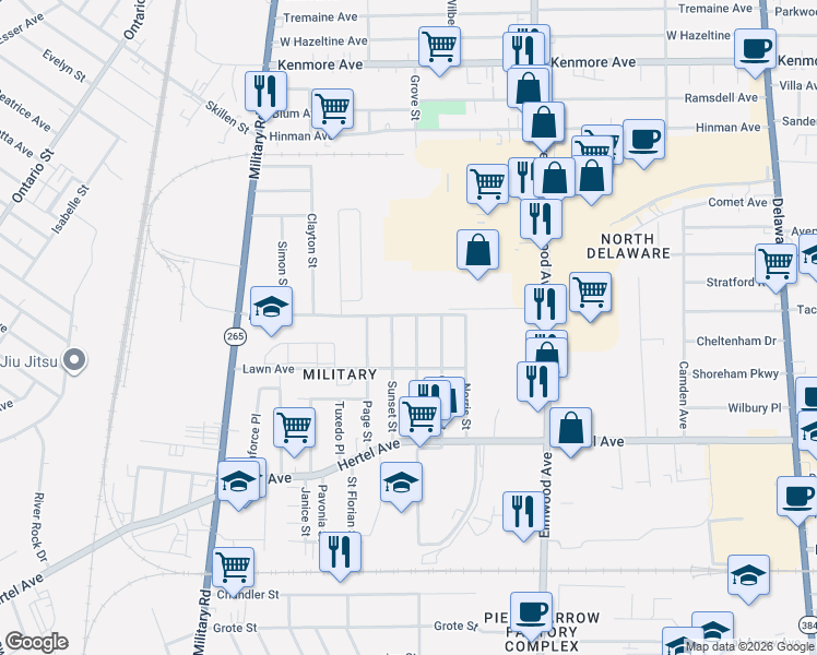 map of restaurants, bars, coffee shops, grocery stores, and more near 116 Grove Street in Buffalo