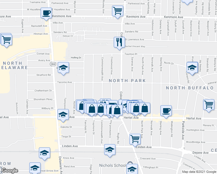 map of restaurants, bars, coffee shops, grocery stores, and more near 216 Crestwood Ave in Buffalo