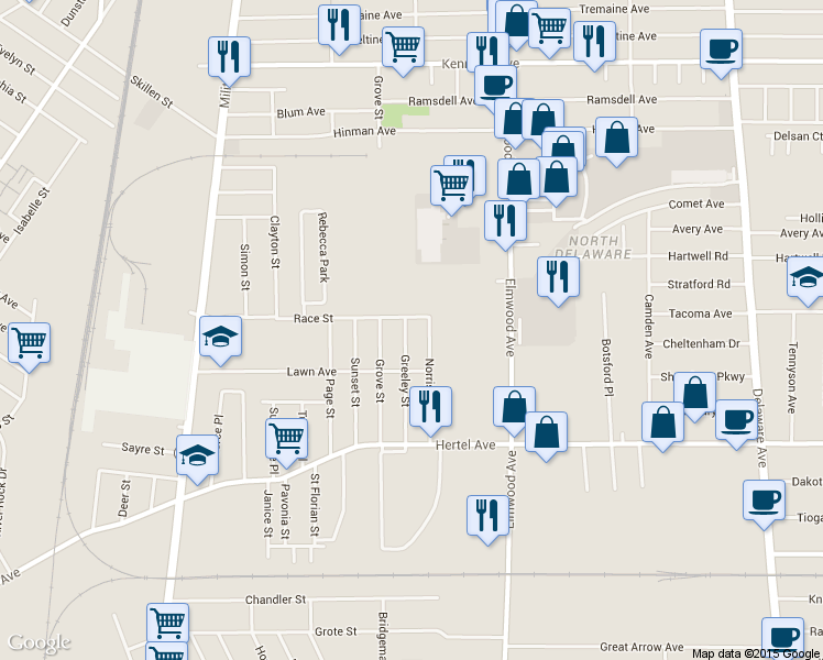 map of restaurants, bars, coffee shops, grocery stores, and more near 115 Greeley Street in Buffalo