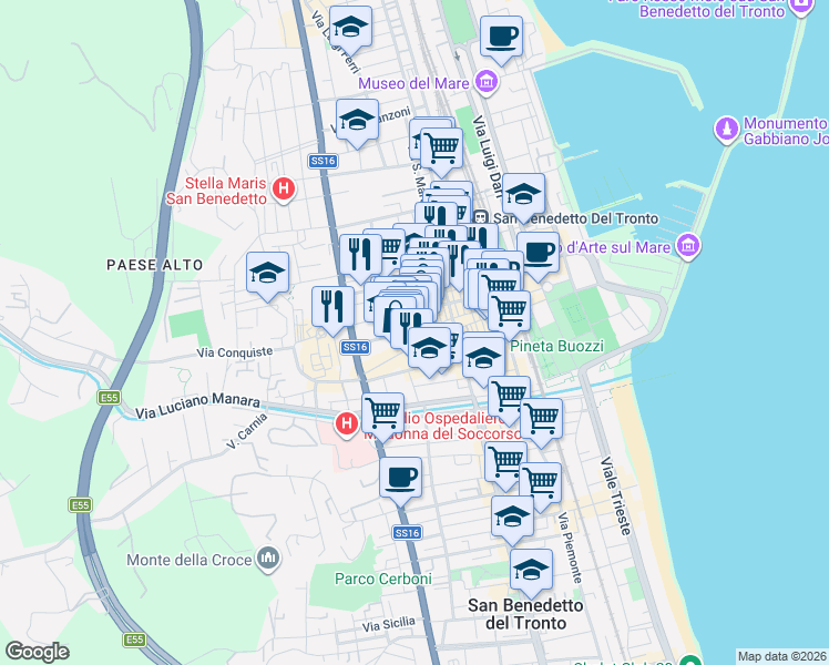 map of restaurants, bars, coffee shops, grocery stores, and more near 96 Via XX Settembre in San Benedetto del Tronto