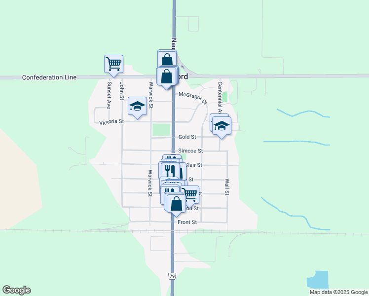 map of restaurants, bars, coffee shops, grocery stores, and more near 523 Simcoe Street in Watford