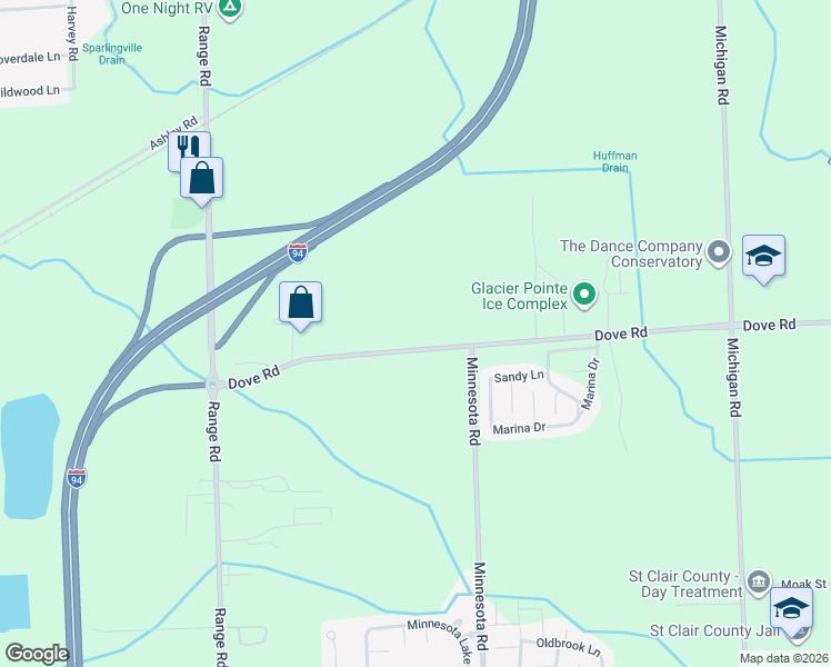 map of restaurants, bars, coffee shops, grocery stores, and more near 4296 Dove Road in Port Huron