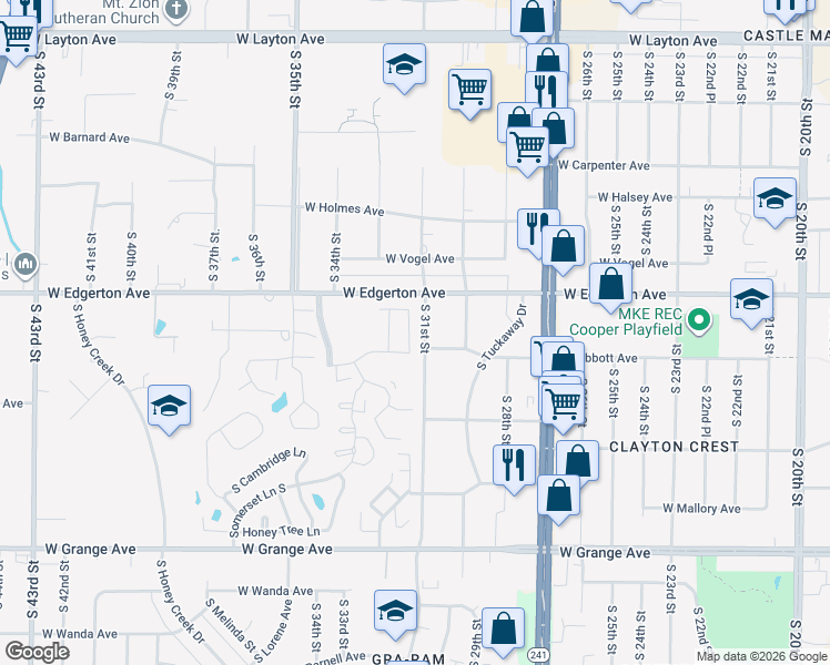 map of restaurants, bars, coffee shops, grocery stores, and more near 5148 King Arthurs Court South in Greenfield