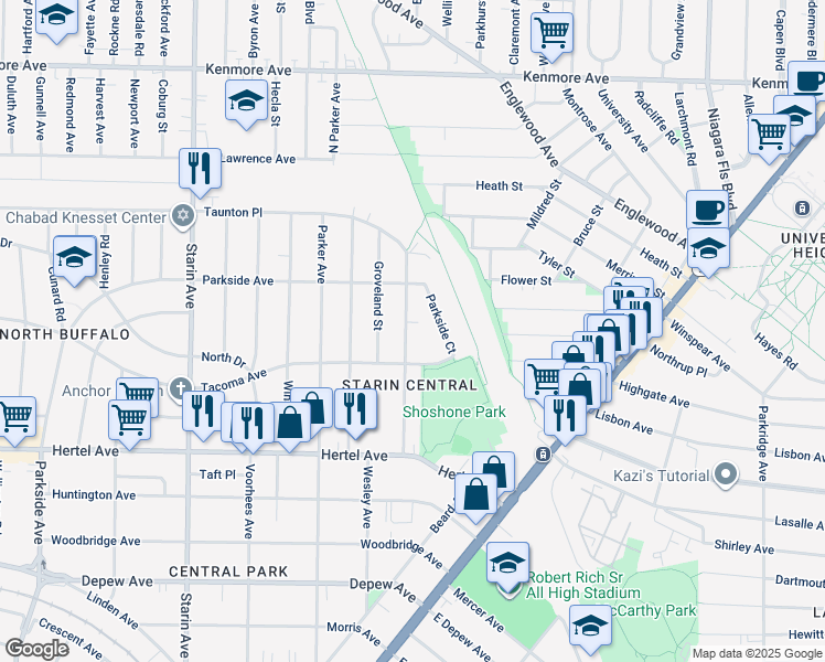 map of restaurants, bars, coffee shops, grocery stores, and more near 125 Shoshone Street in Buffalo