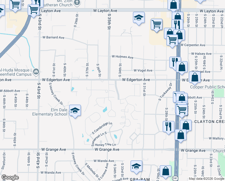 map of restaurants, bars, coffee shops, grocery stores, and more near 5170 West Abbott Avenue in Greenfield
