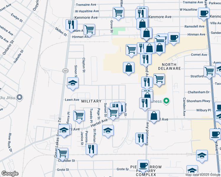 map of restaurants, bars, coffee shops, grocery stores, and more near 116 Grove Street in Buffalo