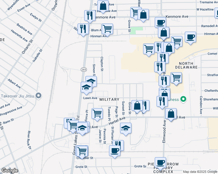 map of restaurants, bars, coffee shops, grocery stores, and more near 75 Race Street in Buffalo