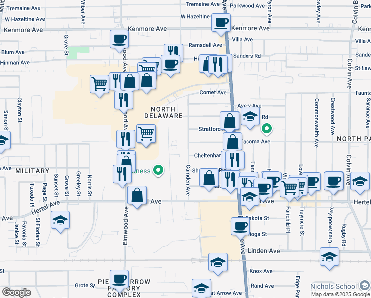 map of restaurants, bars, coffee shops, grocery stores, and more near 116 Camden Avenue in Buffalo
